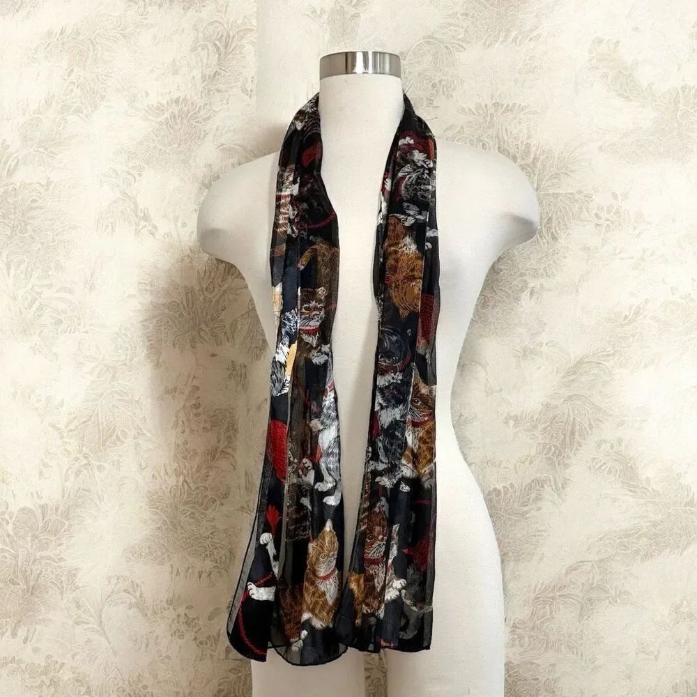 Vintage Cat Stripe Black Scarf Long Neck Kitten Sheer Kitten Animal